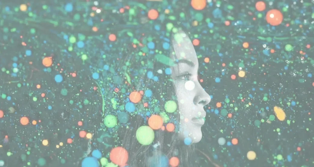 woman behind colorful overlay 
