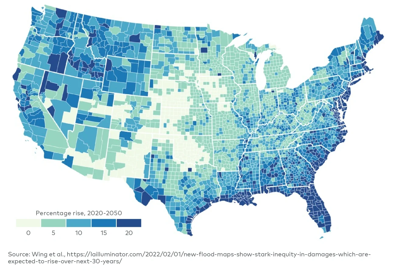 US projected flood risk by county (2020-2050) 