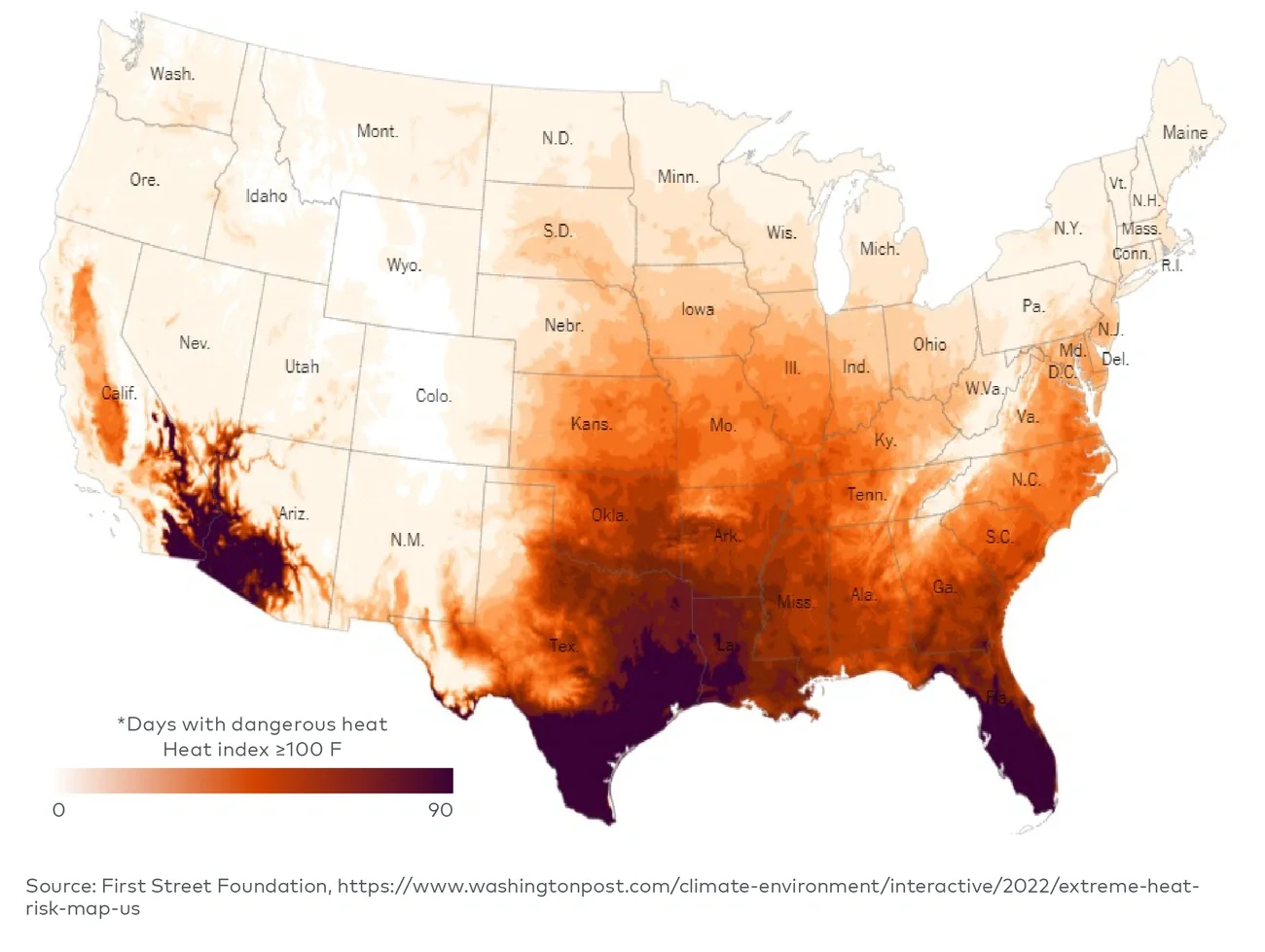 US expected days with dangerous* heat (2053)